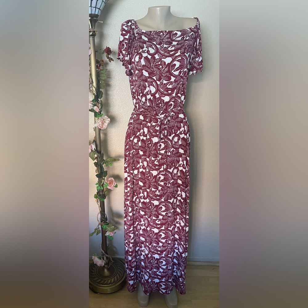 LOFT Beach Ann Taylor Burgundy Floral Print Knit Women Dress Maxi Size M